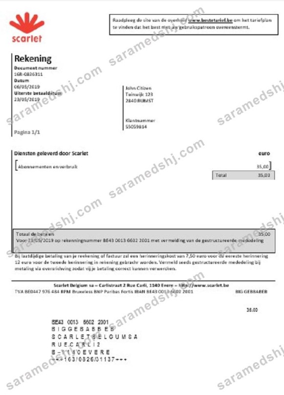 Belgium Scarlet utility bill template in Word and PDF format (.doc and .pdf)